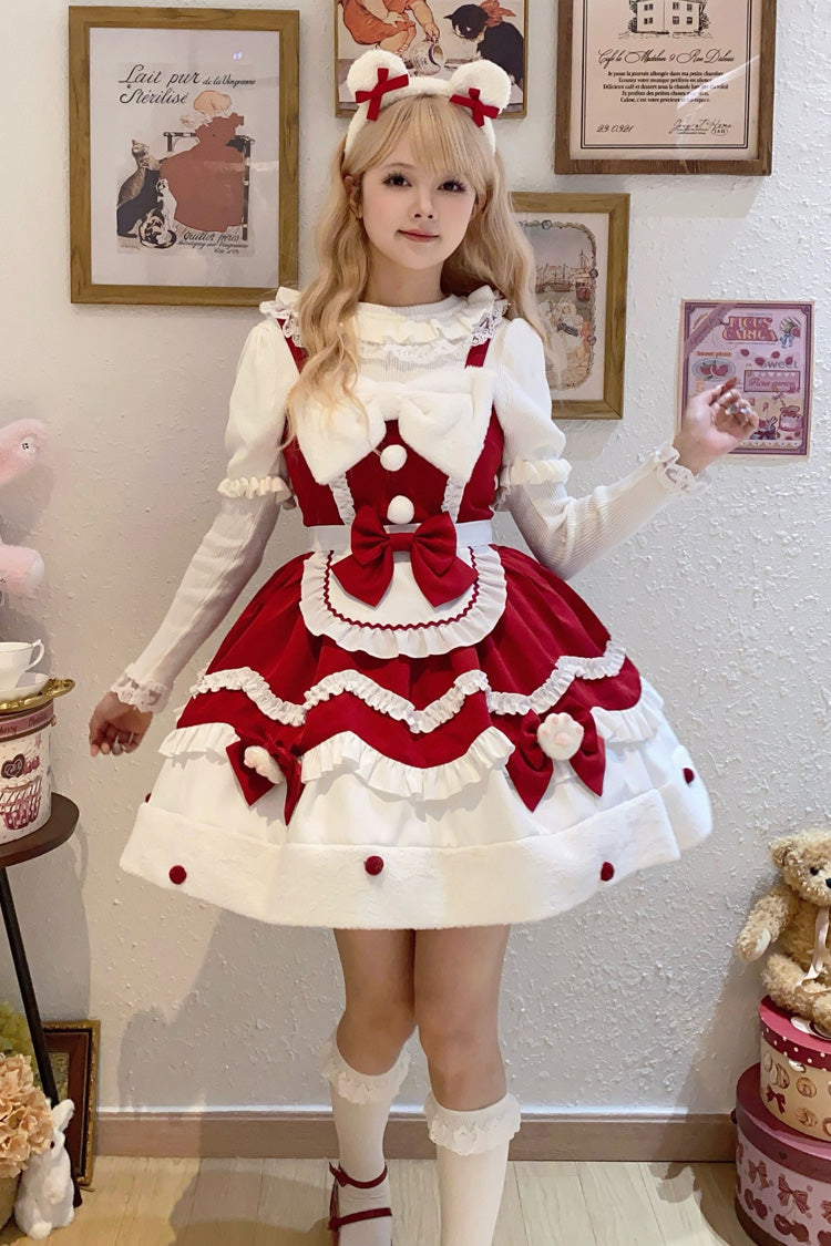 [Cream Snow Cat] Winter Ruffle Bowknot Sweet Lolita Jsk Dress 3 Colors - Product - 3
