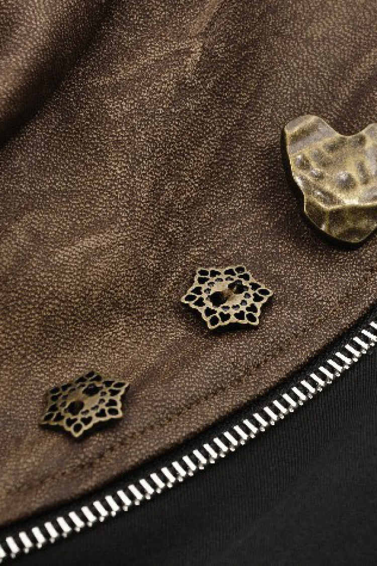 Brown Long Puff Sleeves Zippered Metal-Accented Women's Steampunk Vintage Wrap - Product - 14