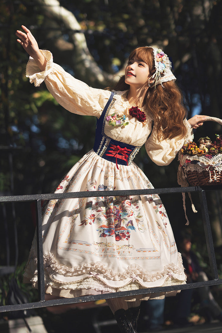 Ivory [Ode to Plenty] Berries and Birds Print Ruffle Bowknot Velvet Classic Lolita Breast Support Jsk Dress - Product - 4