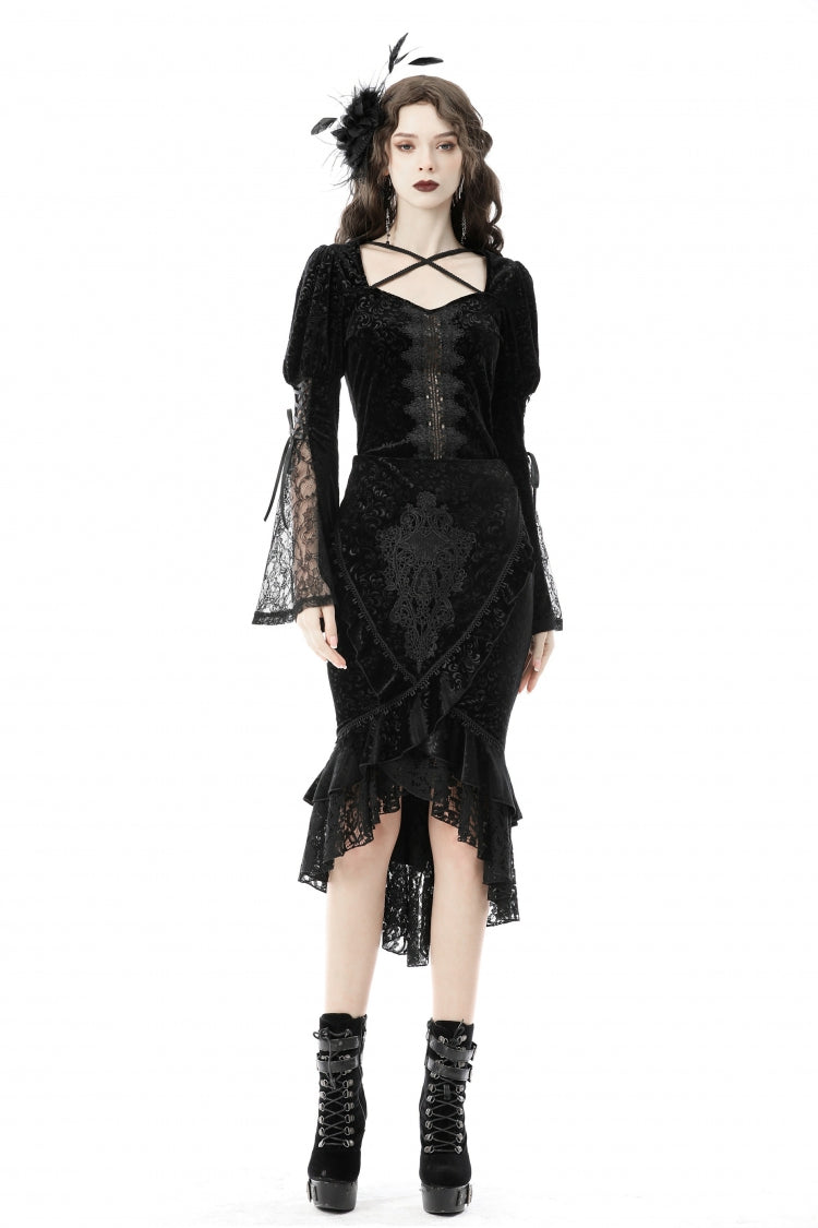 Black Jacquard Lace Lace-Up Women's Gothic Dovetail Wrap Skirt - Product - 7