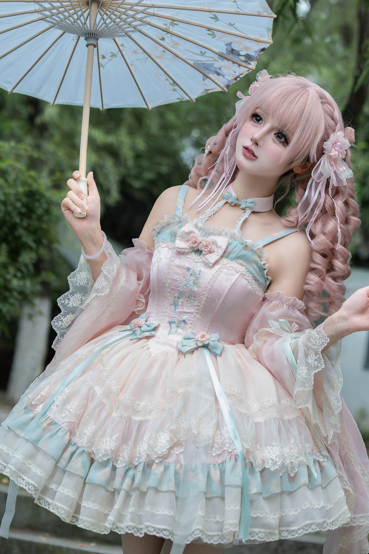 [Misty Qingdai] Off Shoulder Halterneck Printed Ruffled Embroidered Bow Classic Chinese Inspired Lolita Dress 2 Colors (Porcelain Blue, Pink) - Pink - 4