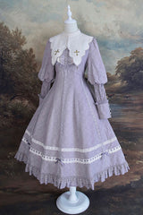 Purple Cross Dark Church Elegant Lace Long Sleeves Ruffled Classic Lolita OP Dress - Product - 2