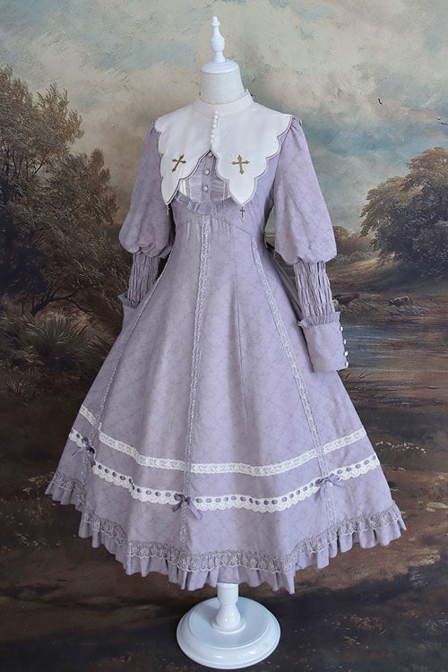 Purple Cross Dark Church Elegant Lace Long Sleeves Ruffled Classic Lolita OP Dress - Product - 2