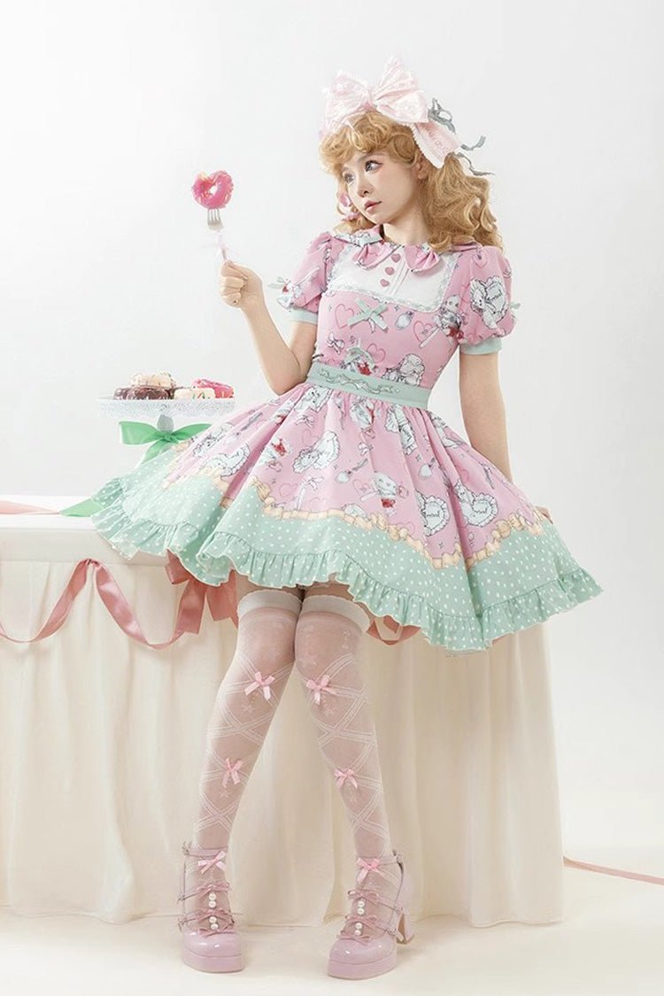 Roze/groen theetijddonut, cake en beerprint Ruche Zoet Elegant (alleen jurk) detailweergave 7