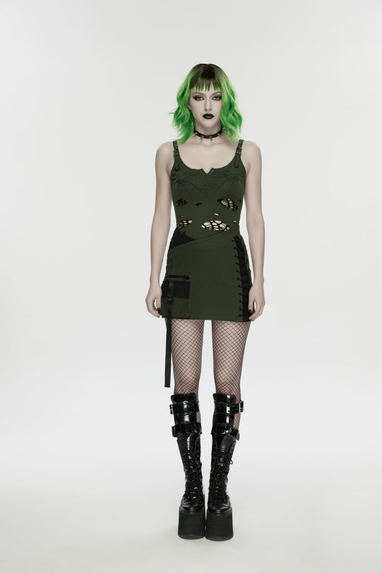 Black/Green Off Shoulder Slim Ripped Buckled Women's Punk Spiders&Web Printed  Vest - Product - 1