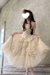 Ivory [The Summer Waves Sparkle] Square Collar Sleeveless Multi-Layered Ruffled Bow Lace-Up Slim Sweet Lolita Skirt Set - Product - 2