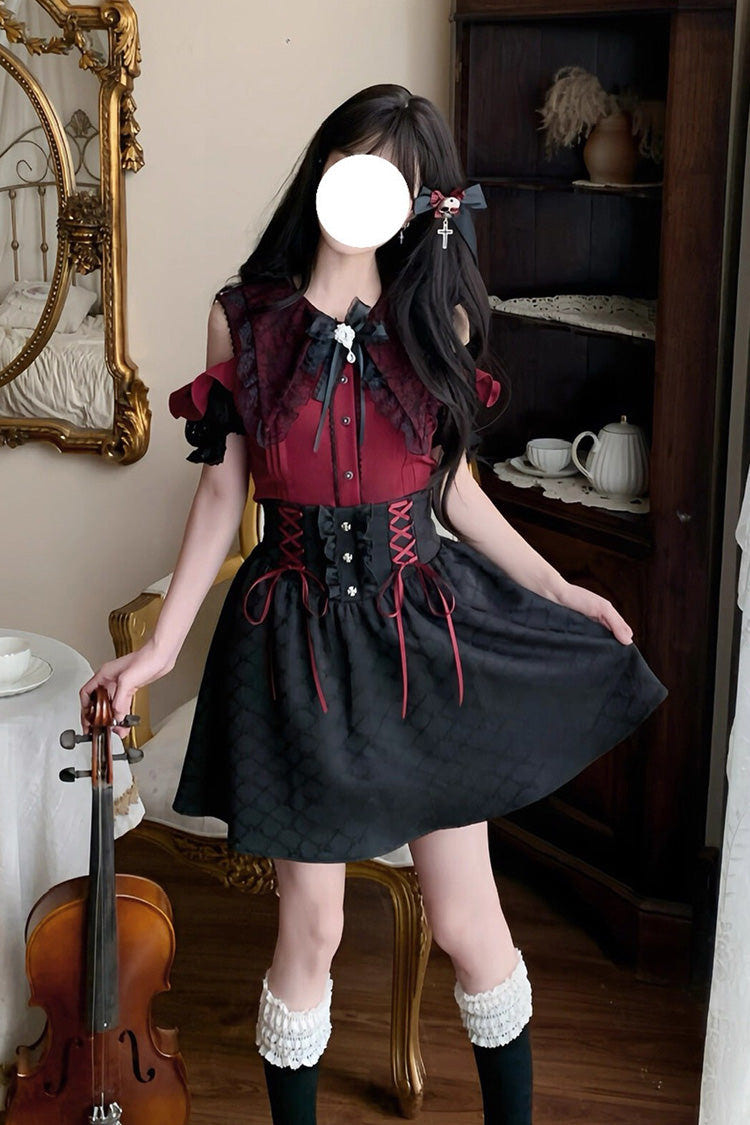 Black/Red [Overture to the Dead] Off Shoulder Short Sleeves Ruffle Bowknot Lace-Up Gothic Jirai Kei Japanese Skirt Set - Black/Red - 1