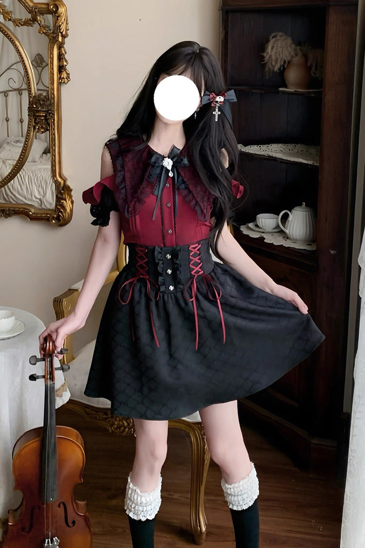 Black/Red [Overture to the Dead] Off Shoulder Short Sleeves Ruffle Bowknot Lace-Up Gothic Jirai Kei Japanese Skirt Set - Black/Red - 1