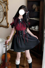 Black/Red [Overture to the Dead] Off Shoulder Short Sleeves Ruffle Bowknot Lace-Up Gothic Jirai Kei Japanese Skirt Set - Black/Red - 1