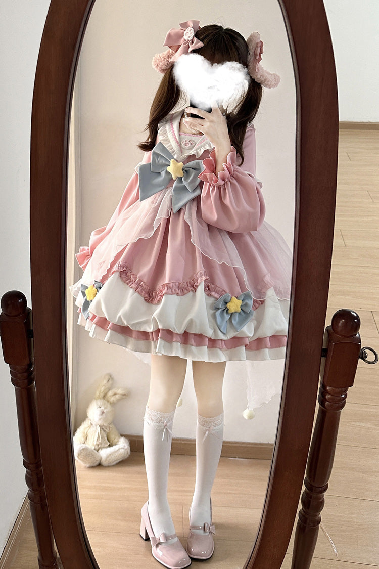 [Pray Star] Long Sleeves Double-Layered Ruffle Bowknot Stitching Lace Sweet Lolita Dress 5 Colors - Product - 19