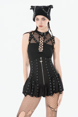 Black Women's Punk Halter Cut-Out Lace-Up Eyelet Strap Mesh Splice Tank Top - Black - 1