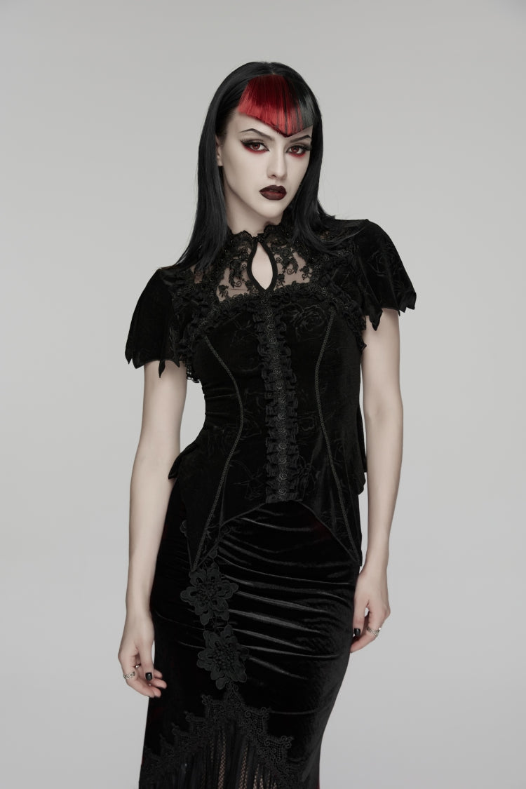 Black Stand Collar Short Sleeves Rose Printed Cut-Out Lace Women's Gothic Blouse - Black - 1
