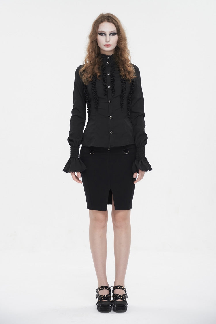 Black Stand Collar Ruffled Long Sleeves Women's Gothic Shirt - Product - 4