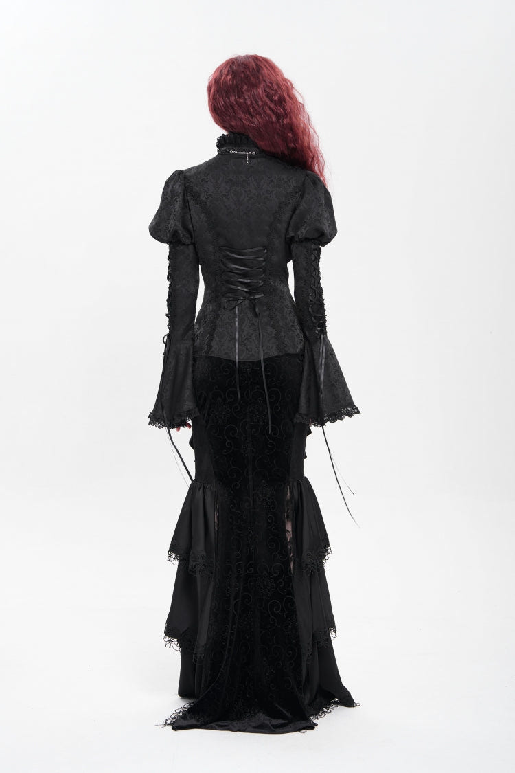 Black Stand Collar Long Puff Sleeves Floral Jacquard Lace-Up Women's Gothic Blouse - Product - 8