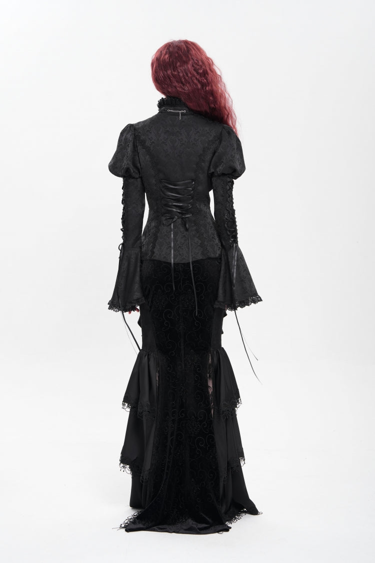 Black Stand Collar Long Puff Sleeves Floral Jacquard Lace-Up Women's Gothic Blouse - Product - 8