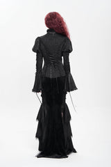Black Stand Collar Long Puff Sleeves Floral Jacquard Lace-Up Women's Gothic Blouse - Product - 8