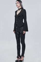 Black Gothic V-Neck Metal Buttons Pendant Lace Jacquard Frenulum Long Sleeves Women's Shirt - Product - 6