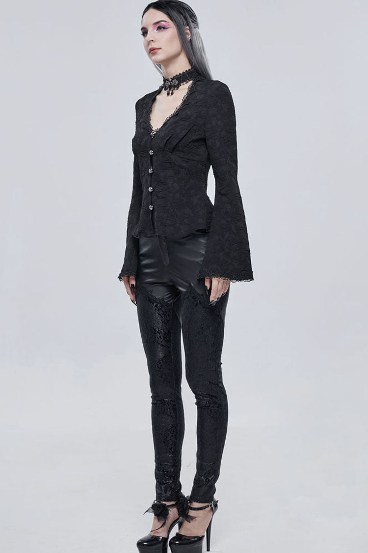 Black Gothic V-Neck Metal Buttons Pendant Lace Jacquard Frenulum Long Sleeves Women's Shirt - Product - 6