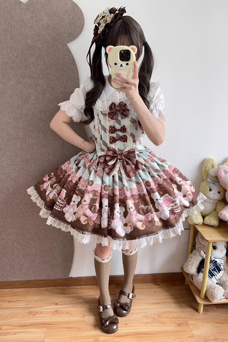 [Chocolate Brownie] Sleeveless Printed Ruffled Bow Lace Sweet Lolita Strap Dress 2 Colors - Product - 4