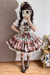[Chocolate Brownie] Sleeveless Printed Ruffled Bow Lace Sweet Lolita Strap Dress 2 Colors - Product - 4