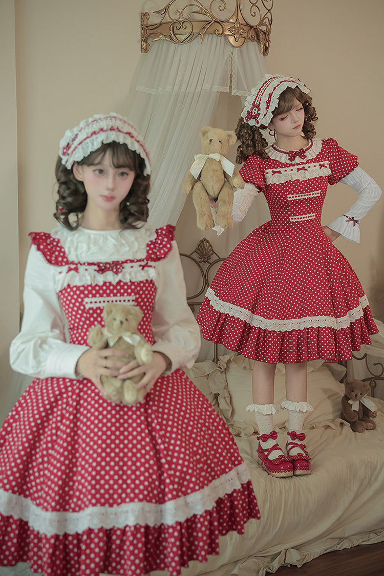 Red [Showa Memoir] Polka Dots Printed Ruffled Bow Sweet Lolita Dress - Product - 8