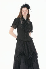 Black Stand Collar Short Puff Sleeves Sheer Lace Lace-Up Women's Gothic Blouse with Detachable Bowknot - Product - 5