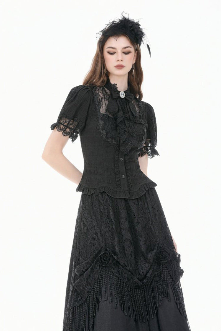 Black Stand Collar Short Puff Sleeves Sheer Lace Lace-Up Women's Gothic Blouse with Detachable Bowknot - Product - 5