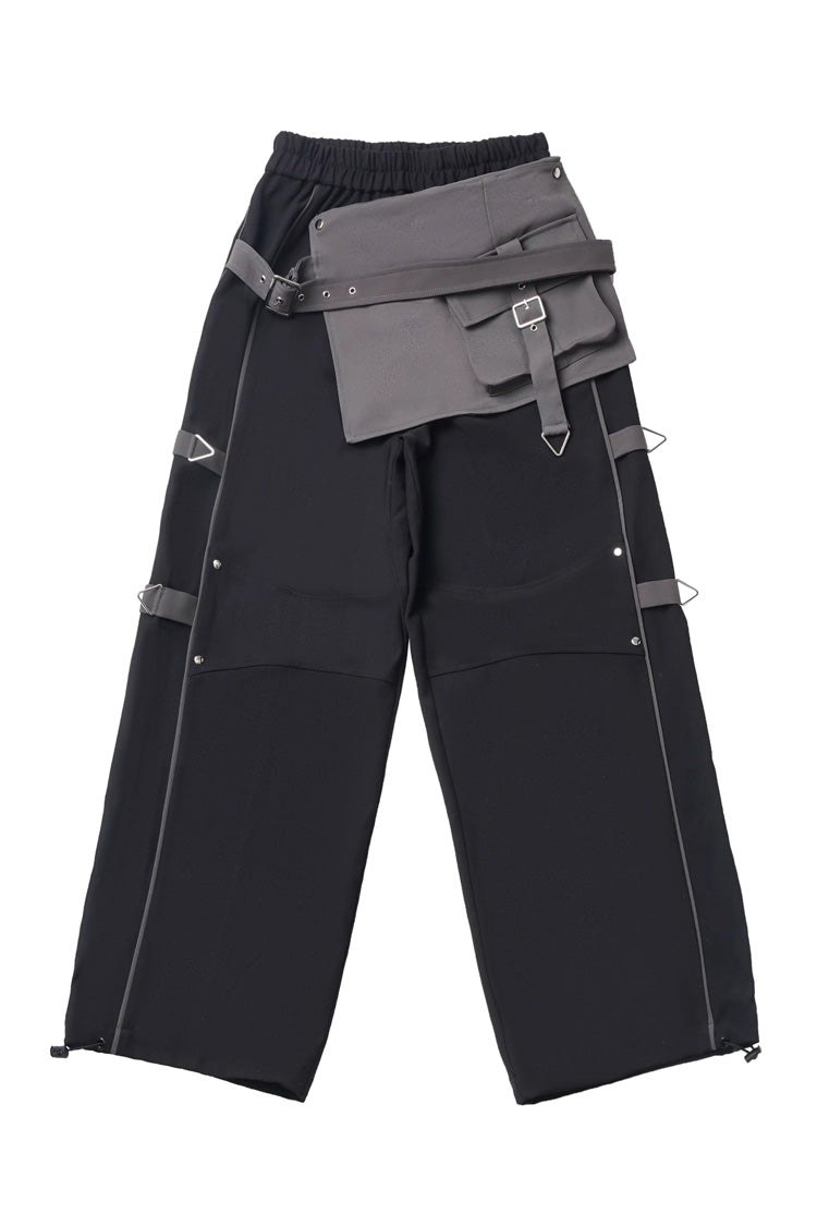 Black [Holographic Cruise] Techwear Long Sleeves Spliced Zippered Gothic Jirai Kei Pants and Short Coat Set - Pants - 7