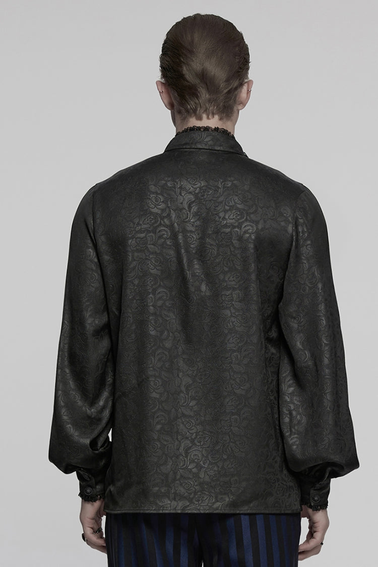 Black Stand Collar Long Sleeves Ruffle Embroidery Lace-Up Plunging Rose Men's Gothic Blouse - Product - 3
