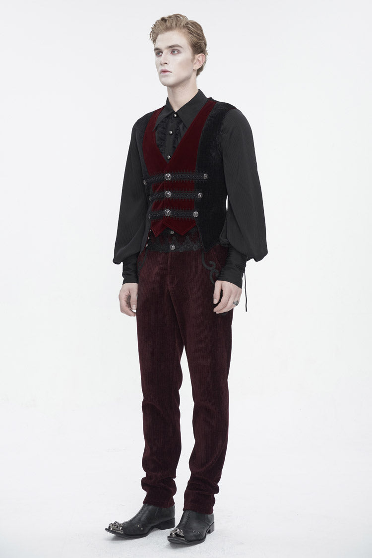 Black/Red Irregular Velvet Splice Corduroy Men's Gothic Waistcoat - Product - 6
