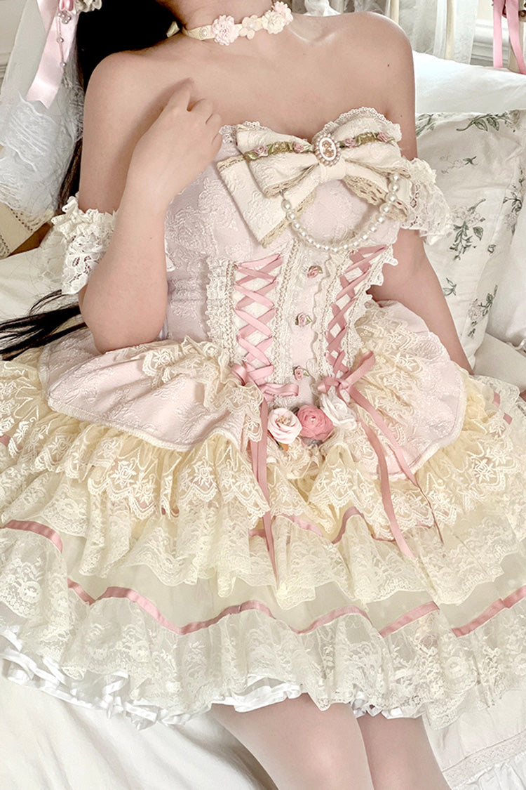 Pink [Sweet Tea Rose Dew] Triple-Layered Ruffle Bowknot Lace Gorgeous Sweet Lolita Skirt - Product - 3