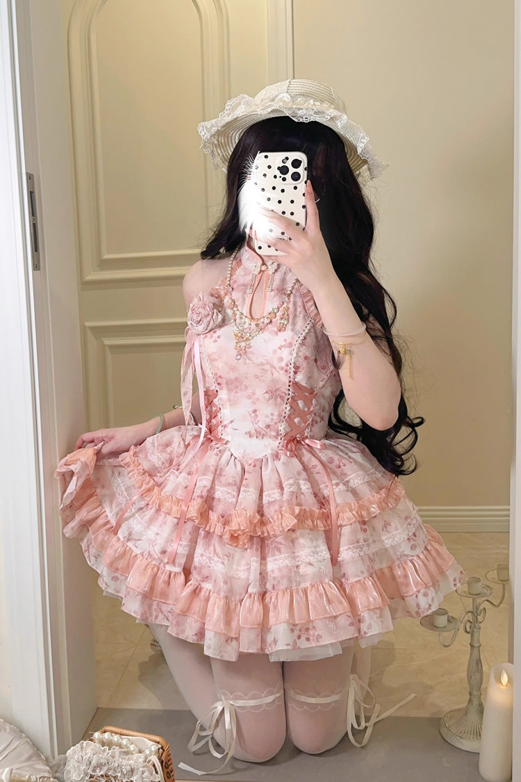 Peach Moon Bamboo Halterneck Multi-layer Print Ruffle Sweet Chinese Style Lolita Dress 2 Colors - Product - 13