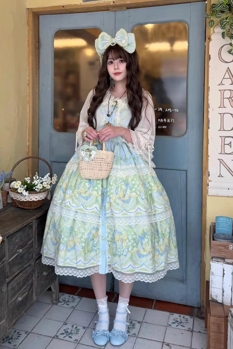 Blue/Green [Lily of the Valley Perfume] Pearl Candy Tea Doll Collar Sleeveless Printed Lace Plus Size Sweet Lolita Jsk Dress - Product - 3