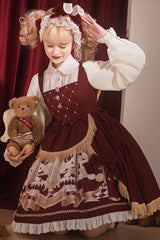 Red Doll Collar [Bunny Reading Club] Print Ruffle Lace Fake Two Pieces Sweet Princess Lolita Dress - Product - 6