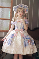 [Angel Heart Sky Oil Painting] Print Ruffle Cardigan Bowknot Sweet Princess Lolita Dress 3 Colors - Blue/Pink - 1