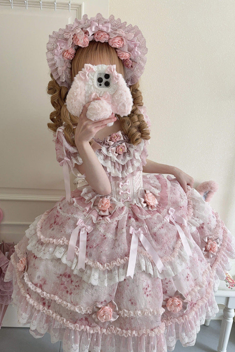 Pink [Rose Manor] Short Puff Sleeves Ruffle Bowknot Lace Sweet Japanese Princess Lolita Dress - Product - 8
