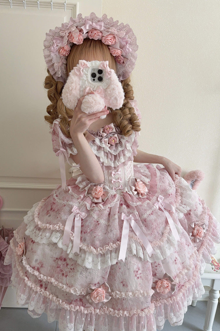 Pink [Rose Manor] Short Puff Sleeves Ruffle Bowknot Lace Sweet Japanese Princess Lolita Dress - Product - 8