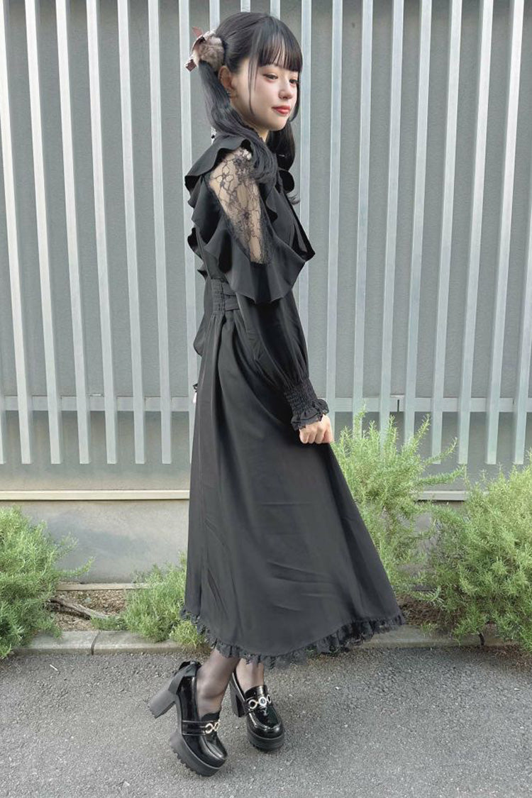 Black Stand Collar Off Shoulder Long Sleeves Hollow Bowknot Slim Jirai Kei Japanese Dress - Product - 7