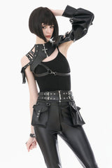 Black Eyelet Buckled Zippered Women's Punk Leather Belt with Side Pouches - Product - 6