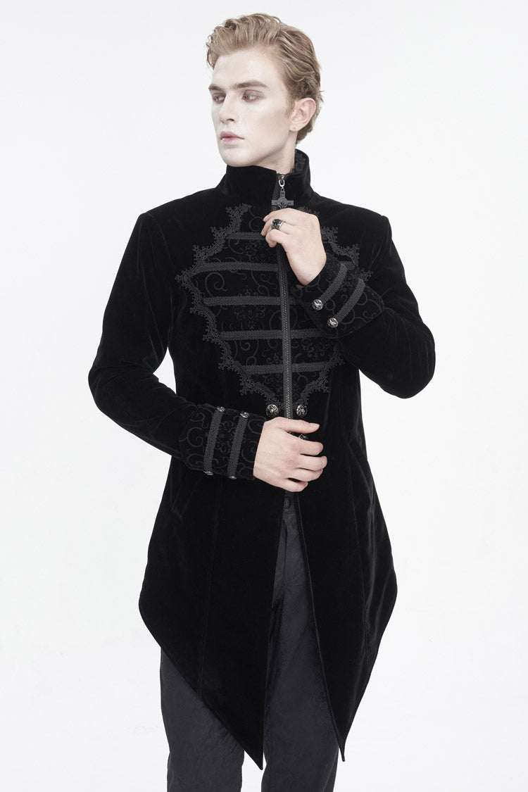 Black Stand Collar Lace Splice Swallow Tailed Men's Gothic Coat - Product - 2