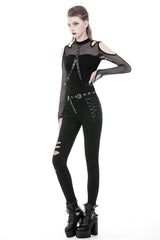 Black Off Shoulder Long Sleeves Mesh Crossed Harness Straps Eyelet Sexy Women's Punk Top - Product - 7