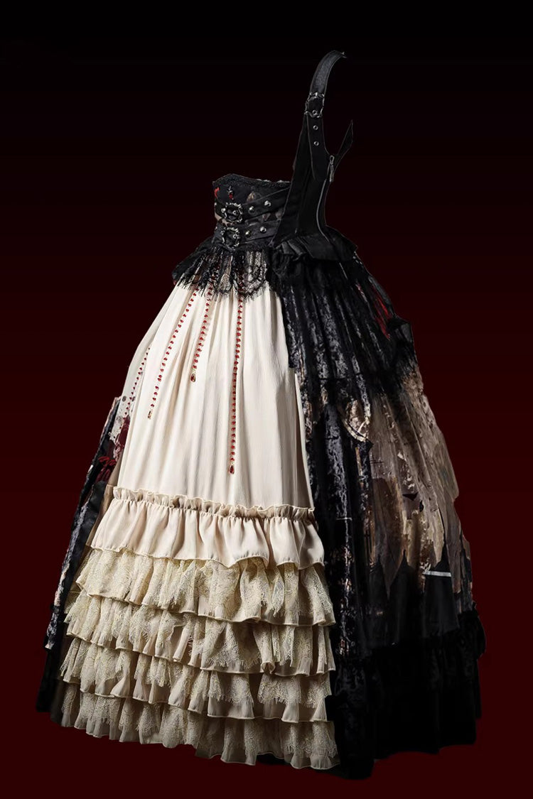 [Heretical Nun] Sleeveless Multi-Layered Printed Ruffled Open-Front Gothic Plus Size Lolita Strap Dress Long Version 2 Colors - Product - 5