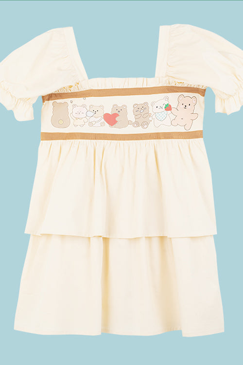 Beige Vintage Square Collar Ruffled Short Sleeves Cartoon Bear Print High Waisted Sweet Lolita Dress - Product - 8