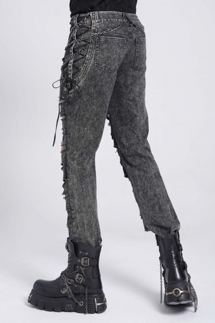 Black Ripped Rivet Men's Punk Pants with Chain - Product - 7