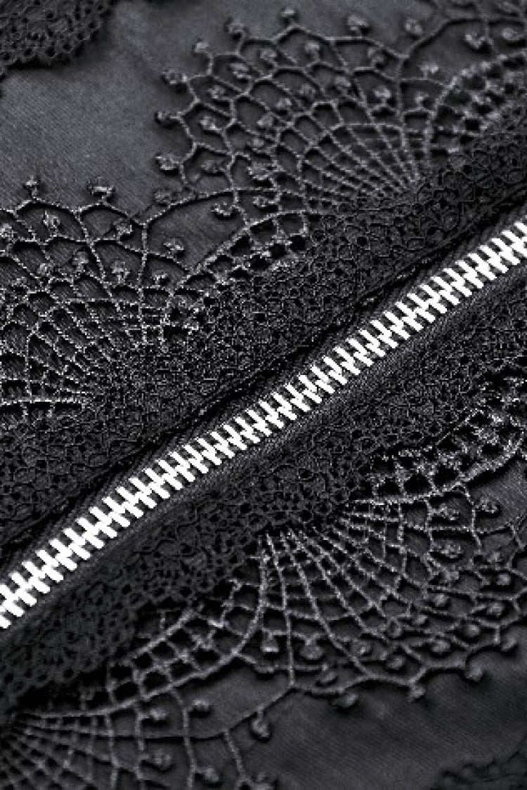 Black Stand Collar Short Sleeves Spider-Shaped Zippered Cut-Out Irregular Women's Punk Blouse - Product - 14