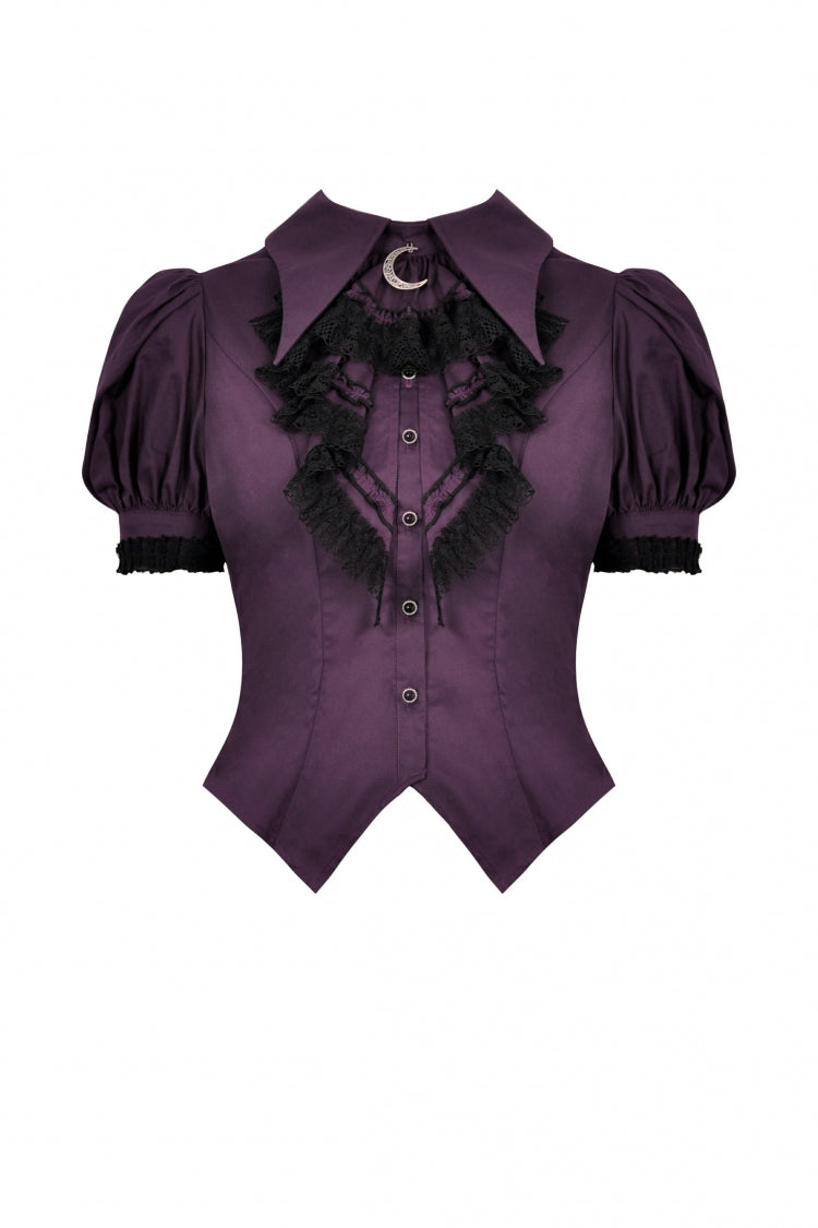 Purple Moon Frilly Collar Short Puff Sleeves Women's Gothic Blouse - Product - 3