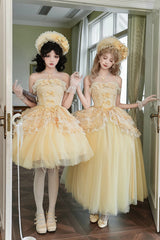 Yellow [Sissi's Pilgrimage] Off Shoulder Ruffle Bowknot Lace Sweet Lolita Skirt (Short Version) - Product - 7