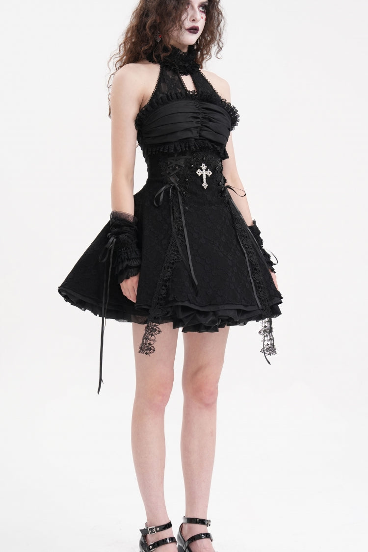 Black Halterneck Cut-out Ruffle Lace Women's Gothic Dress - Product - 6