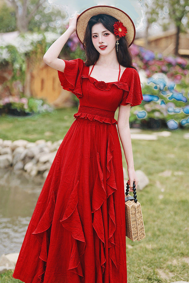 Red Square Collar Halterneck Short Sleeves High Waisted Ruffled Gothic Vintage Lolita Long Skirt Set - Product - 2