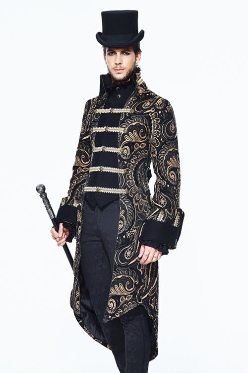 Gothic Jacquard Fake Two Pieces Golden Mens Long Coat - Product - 2